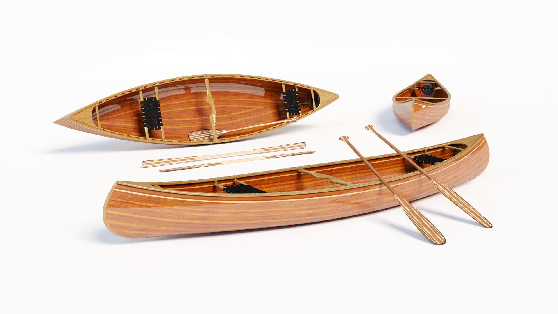 Wooden open touring canoe made with strip planking method, perspective and top view
