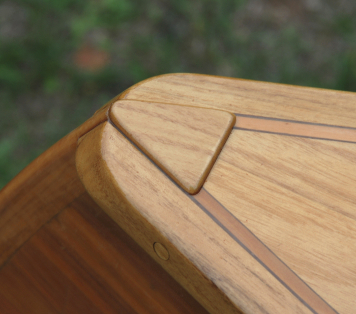 Image 5 - wooden open touring canoe, detailed view on the front deck connection between hull, stem and gunwales