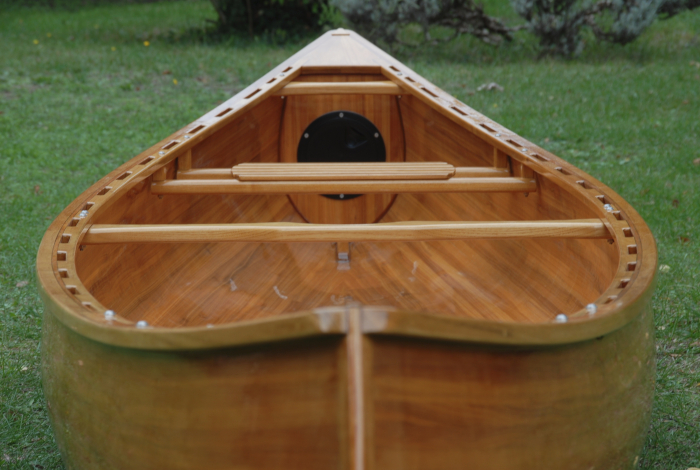 Image 7 - wooden open touring canoe, view in length on gunwales, yoke and front seat