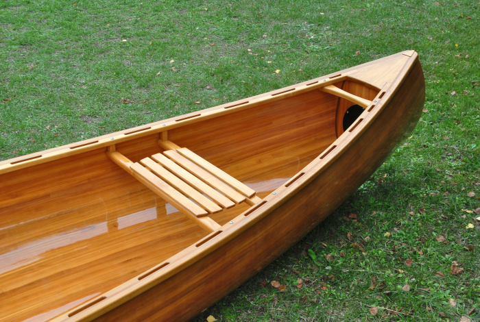Image 8 - wooden open touring canoe, ¾ view on the front hull